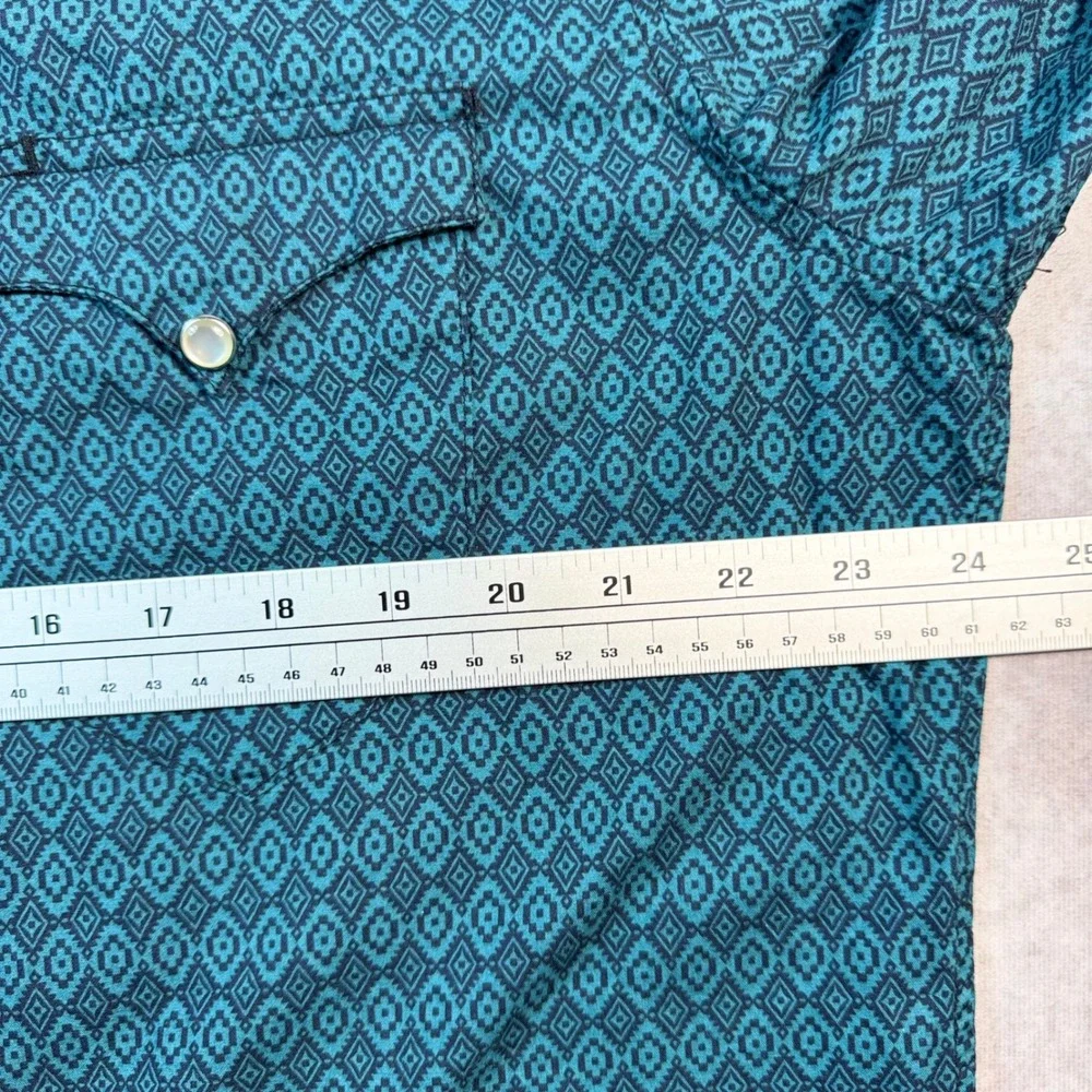 Roper Mens Teal Geometric Diamond Western Pearl Snap Shirt Long Sleeve Large - Picture 6 of 8